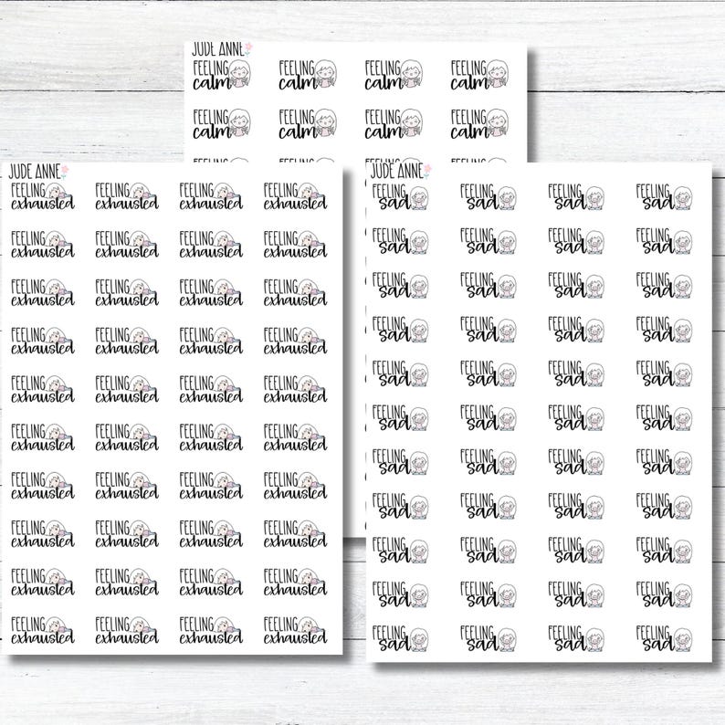 May include: Sheets of stickers with various phrases and illustrations. The stickers include the words "Feeling Calm", "Feeling Exhausted", and "Feeling Sad", each with a corresponding graphic. The stickers are white with black text and illustrations.