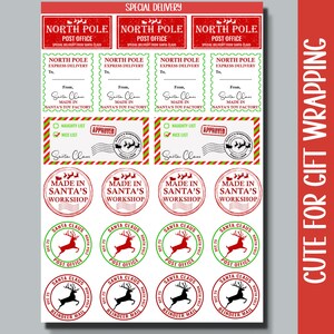 Puede incluir: Un conjunto de etiquetas para regalos de Navidad imprimibles en rojo y verde. Las etiquetas incluyen varios dise&ntilde;os con el texto "North Pole Post Office", "Made in Santa's Workshop" y "Santa Claus Reindeer Mail".