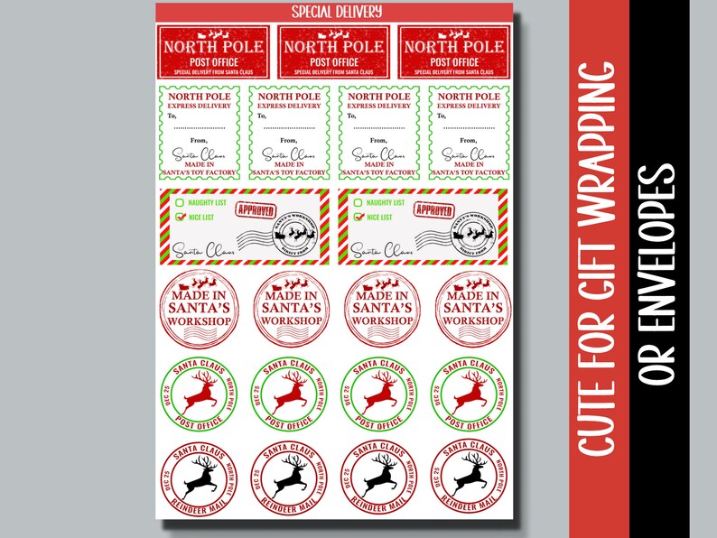 Puede incluir: Un conjunto de etiquetas para regalos de Navidad imprimibles en rojo y verde. Las etiquetas incluyen varios dise&ntilde;os con el texto "North Pole Post Office", "Made in Santa's Workshop" y "Santa Claus Reindeer Mail".