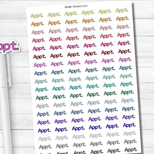 May include: A sheet of colorful stickers with the word "Appt." repeated multiple times in various colors. The stickers are designed for use in a planner or journal.