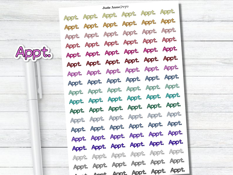 May include: A sheet of colorful stickers with the word "Appt." repeated multiple times in various colors. The stickers are designed for use in a planner or journal.