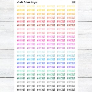 May include: A sheet of colourful stickers with the word "WORKOUT" repeated in various colours, including yellow, orange, pink, red, blue, green, and purple.