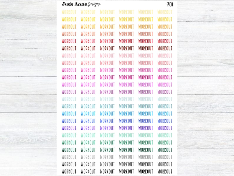 May include: A sheet of colourful stickers with the word "WORKOUT" repeated in various colours, including yellow, orange, pink, red, blue, green, and purple.