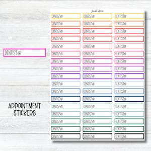 May include: A sheet of appointment stickers with the text "DENTIST@" in various colors, including yellow, orange, red, pink, purple, blue, teal, and green. The words "APPOINTMENT STICKERS" are also visible.