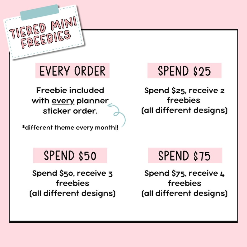 Puede incluir: Un gr&aacute;fico rosa y blanco con el texto "Tiered Mini Freebies" en la parte superior. El gr&aacute;fico enumera diferentes obsequios que se ofrecen con los pedidos de pegatinas de planificadores seg&uacute;n la cantidad gastada.  Para cada pedido, se incluye un obsequio. Gasta 25 &euro;, recibe 2 obsequios. Gasta 50 &euro;, recibe 3 obsequios. Gasta 75 &euro;, recibe 4 obsequios. Todos los obsequios son de dise&ntilde;os diferentes.
