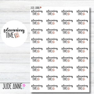 May include: White sticker sheet with the text "planning TIME" repeated multiple times. Each instance includes a small notebook and calculator graphic. The brand name "JUDE ANNE" is at the top and bottom of the sheet.