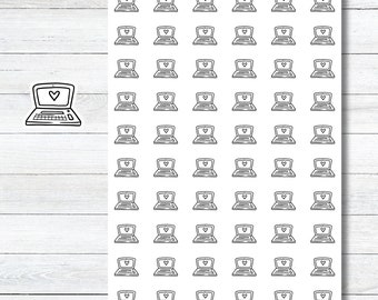 May include: A sheet of 63 black and white laptop stickers with a heart in the screen. The stickers are arranged in a grid pattern.