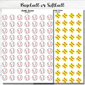 May include: A sheet of 72 white and yellow baseball and softball stickers. The baseball stickers are white with red stitching and the softball stickers are yellow with red stitching.