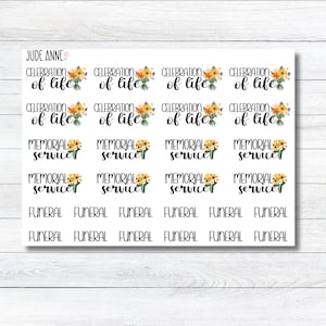 Pegatinas para planificadores de servicios conmemorativos / Hoja de pegatinas para celebraciones de la vida / Pegatinas para planificación de funerales / Bullet Journaling / Pegatinas para calendarios