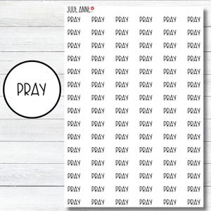 May include: A sheet of white stickers with the word "PRAY" repeated multiple times. The stickers are arranged in a grid pattern.