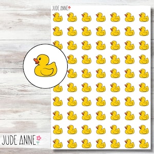 May include: A sheet of yellow rubber duck stickers. The sheet is filled with a repeating pattern of yellow rubber ducks with orange beaks and black eyes.