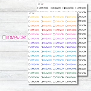May include: A sheet of colorful stickers with the word "Homework" in a variety of colors and fonts. The stickers are designed to be used as checkboxes for completing tasks.