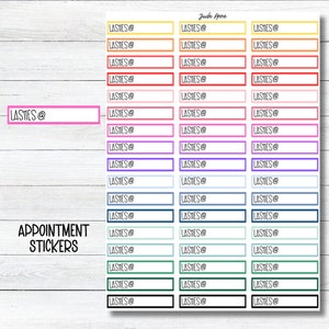 May include: A sheet of colorful appointment stickers with the text "LASHES@" and "APPOINTMENT STICKERS". The stickers are in various colors, including yellow, orange, red, pink, purple, blue, green, and black.