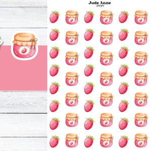 Strawberry Sticker Sheet, Strawberry Jam Stickers, Planner Sticker Sheet, Cute Bujo Stickers