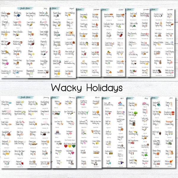 2024 Wacky Holidays Stickers, Planner Stickers, National Day Icons, U.S. Holidays, Boju Holidays, Sticker Sheet for Planning