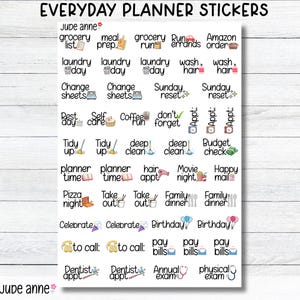 May include: Sheet of everyday planner stickers with various icons and text labels, including "grocery list," "laundry day," and "birthday." The stickers are designed for use in a planner or journal.
