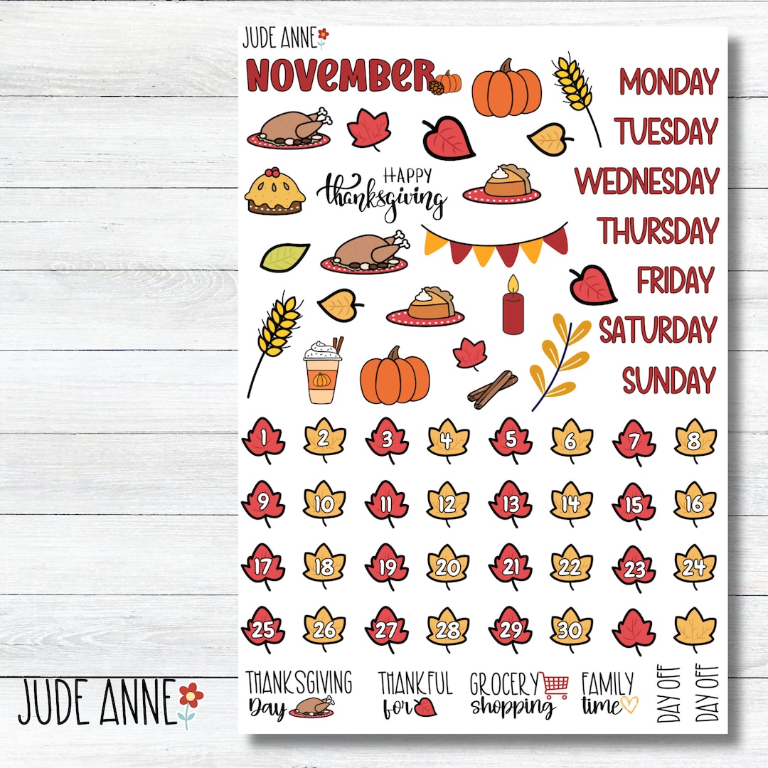 November Monthly Kit Planner Stickers, Thanksgiving Deco Planner Kit ...