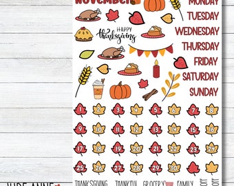May include: A sticker sheet with a Thanksgiving theme. It features illustrations of pumpkins, leaves, turkey, pie, and a coffee cup. The sheet includes the month of November, days of the week, and numbered leaf stickers for the calendar.