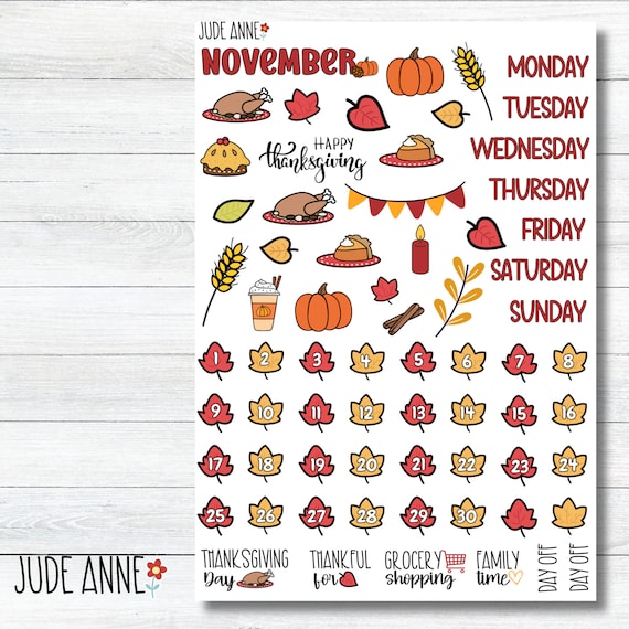 November Monthly Kit Planner Stickers, Thanksgiving Deco Planner Kit, November Themed Stickers