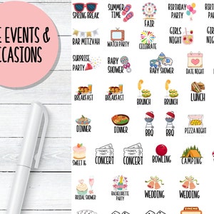 Events and Occasion Planner Stickers, Fun Events Icon and Script for Calendar, Agendas, or Bujo