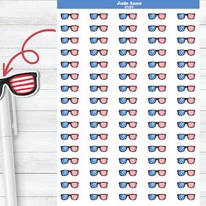 Pegatinas de gafas de sol de bandera americana, pegatina del planificador patriótico, pegatinas de gafas de sol, 4 de julio, Día de los Caídos, calendarios, planificadores y Bujo