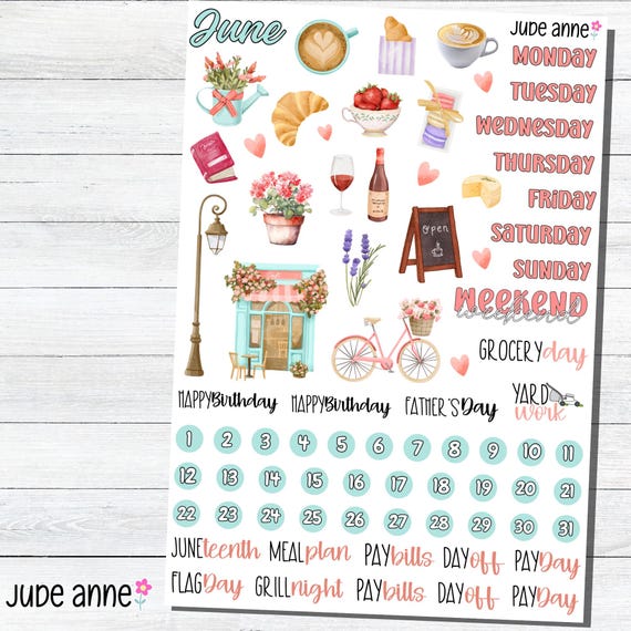 June Monthly Planner Stickers | Summer Cafe Theme | Hobonichi Weeks Stickers | June Calendar Kit | Functional Monthly Planner Sheet