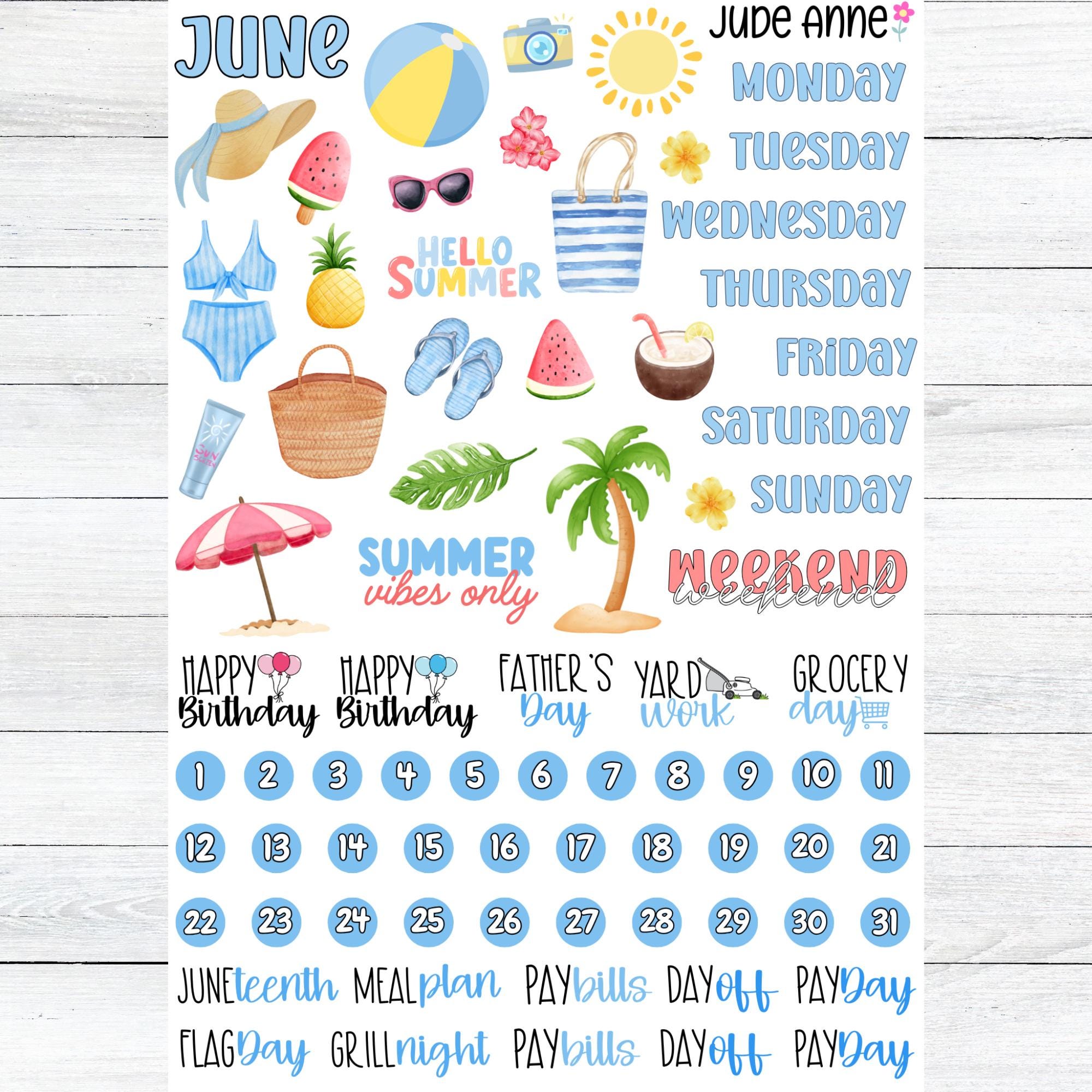 June Sticker Design June Planner Stickers, Summer Planner Kit, June Month Planner Stickers ...