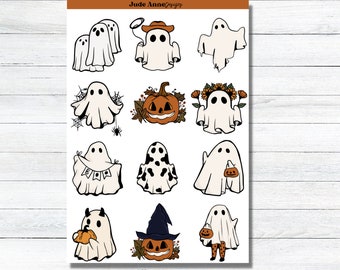 Halloween Stickers, 12 Ghost Sticker Set, Cute Stickers, Retro, Vintage, Halloween Gifts, Party Favors