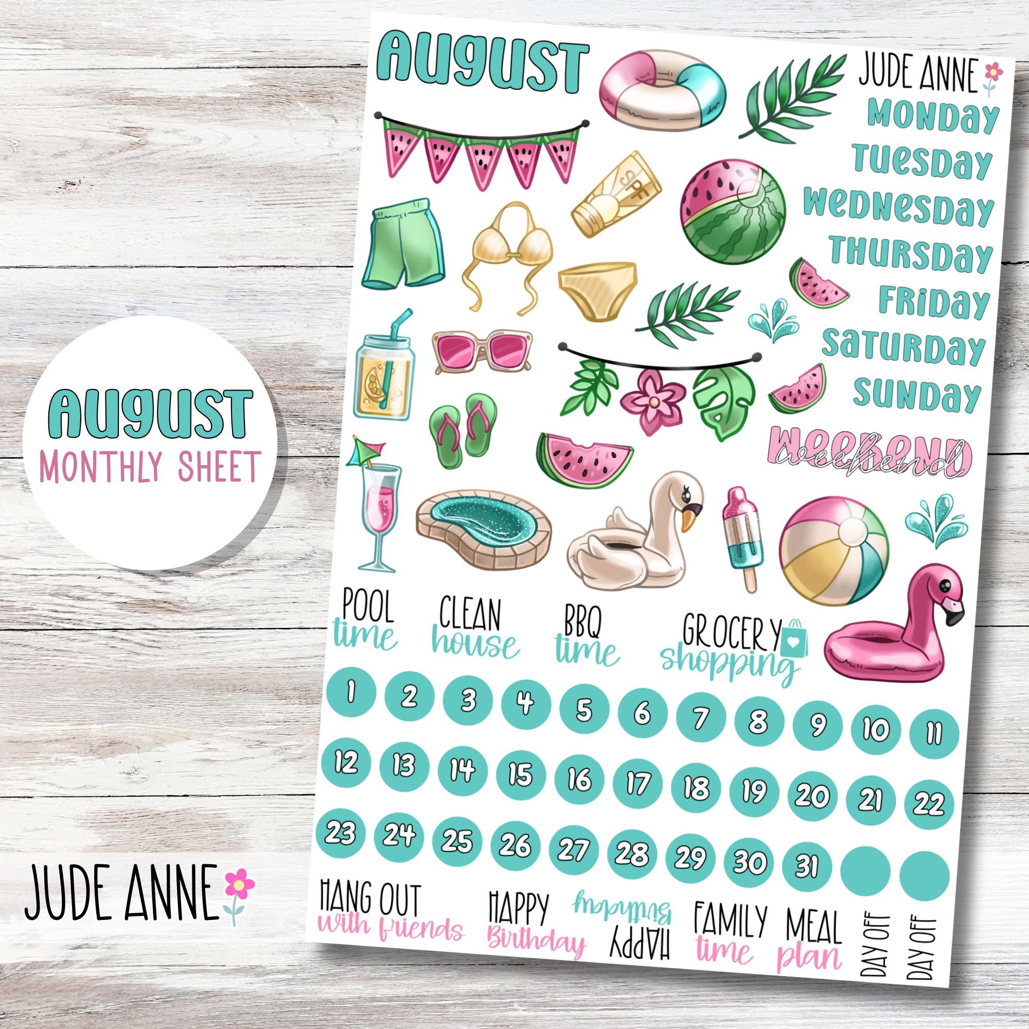 August Planner Stickers, Cute Summer Planner Kit, Summer Planner Stickers