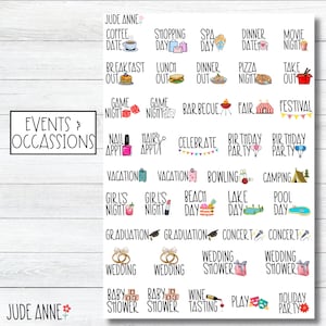 Pegatinas para planificadores de eventos y ocasiones, íconos y guiones de eventos divertidos para calendarios, agendas o bujos.