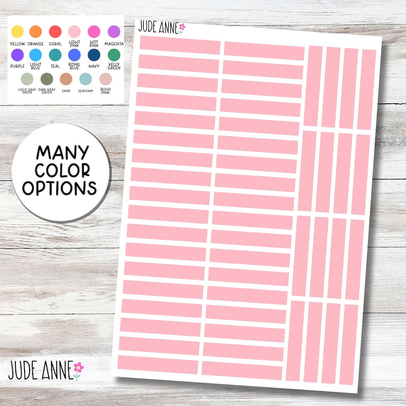 May include: A sheet of pink and white planner stickers with rectangular and horizontal designs. The image includes a color palette with various options and the text "MANY COLOR OPTIONS". The brand name "JUDE ANNE" is also visible.