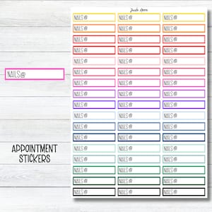 May include: A sheet of colorful appointment stickers with the text "NAILS@" and "APPOINTMENT STICKERS" printed on it. The stickers are in various colors, including yellow, orange, red, pink, purple, blue, green, and black.