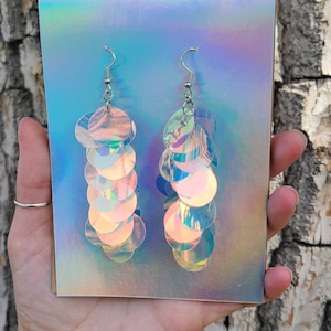 Iridescent Sequin Earrings Iridescent Paillette large Sequins Purple Blue Pink Silver or Rose Gold image 3