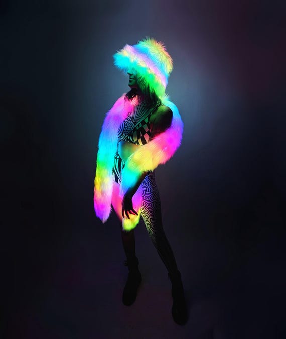 LED Glow Worm | Faux Fur Scarf: Festival Rave Burning Man Accessories