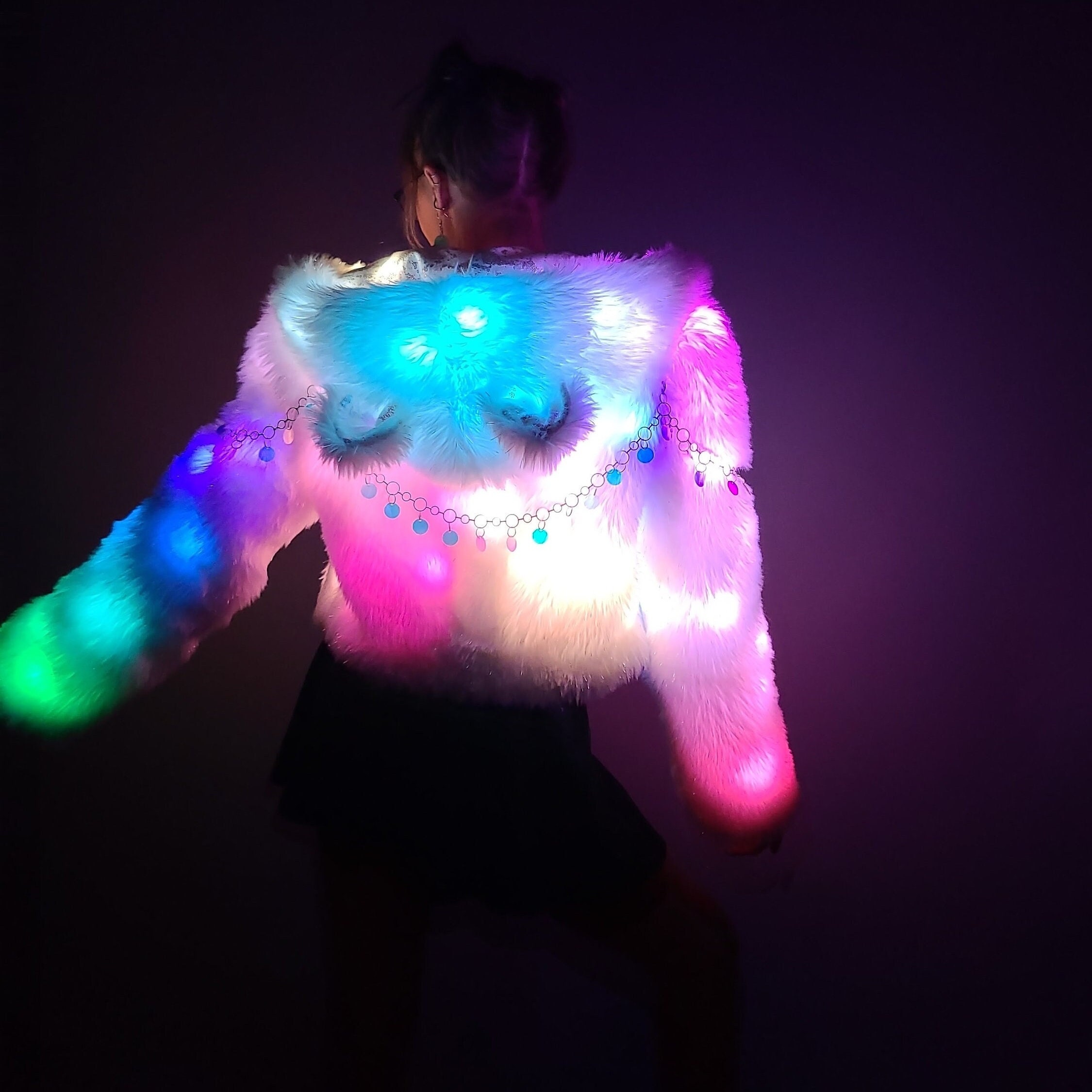 LED Cropped Furbaby Festival Coat Faux Fur Jacket With Programmable ...