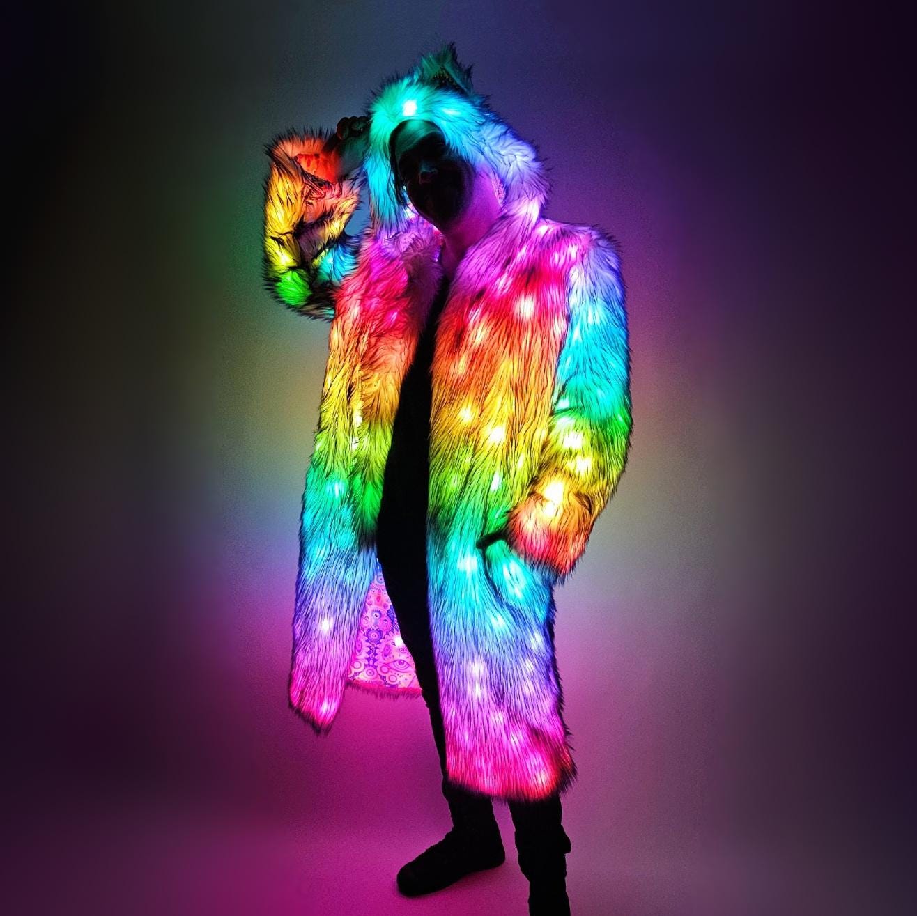 Custom LED Faux Fur Coat: Programmable Light-Up Rave Jacket