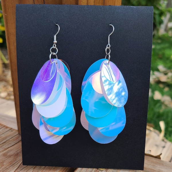 Iridescent Sequin Earrings | Large Teardrop Paillette Earrings | Lavender Blue Purple Iridescent Feather