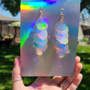 Iridescent Sequin Earrings Iridescent Paillette large Sequins Purple Blue Pink Silver or Rose Gold image 1