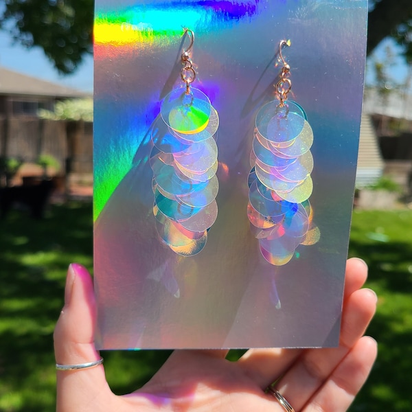 Iridescent Sequin Earrings | Iridescent Paillette large Sequins | Purple Blue Pink | Silver or Rose Gold