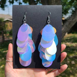 Iridescent Sequin Earrings | Large Teardrop Paillette Earrings | Lavender Blue Purple Iridescent Feather