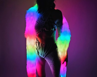 Glow Worm LED Scarf | Faux Fur Wrap with Programmable Lights | Festival Rave NYE Burning Man
