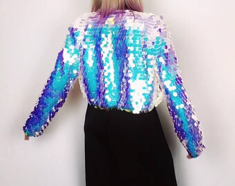 Cropped Sequin Jacket | Satin Lined | Iridescent Paillette Sequins | Festival Outfit