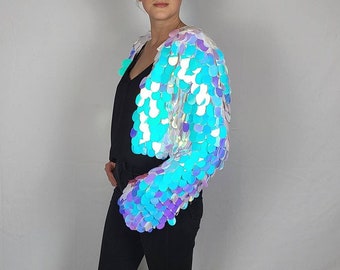 Cropped Sequin Jacket | Satin Lined | Iridescent Paillette Sequins | Festival Outfit