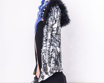 Iridescent Sequin & Faux Fur Festival Coat: Customizable Rave Outerwear