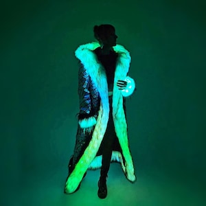 Custom LED Trim Coat: Custom Design Coat with Faux Fur Trim, Rave Festival Burning Man