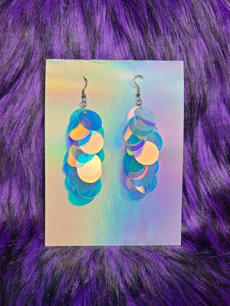 Iridescent Sequin Earrings Iridescent Paillette large Sequins Purple Blue Pink Silver or Rose Gold image 5