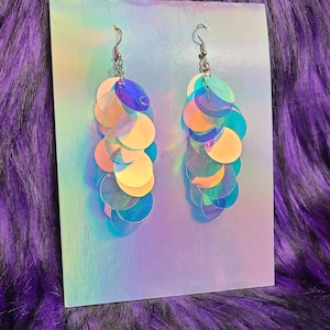 Iridescent Sequin Earrings Iridescent Paillette large Sequins Purple Blue Pink Silver or Rose Gold image 4