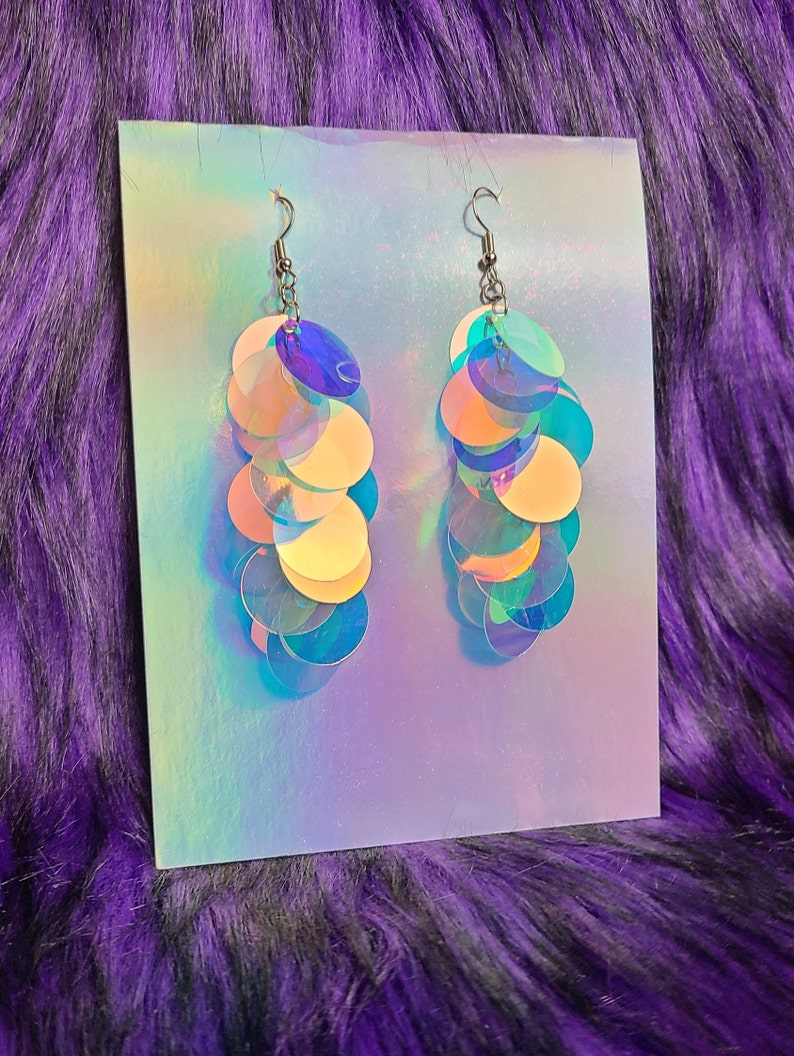 Iridescent Sequin Earrings Iridescent Paillette large Sequins Purple Blue Pink Silver or Rose Gold image 4