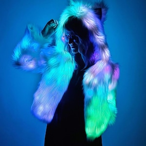 LED Cropped Furbaby Festival Coat | Faux Fur Jacket with Programmable Lights | Festival Rave NYE Burning Man