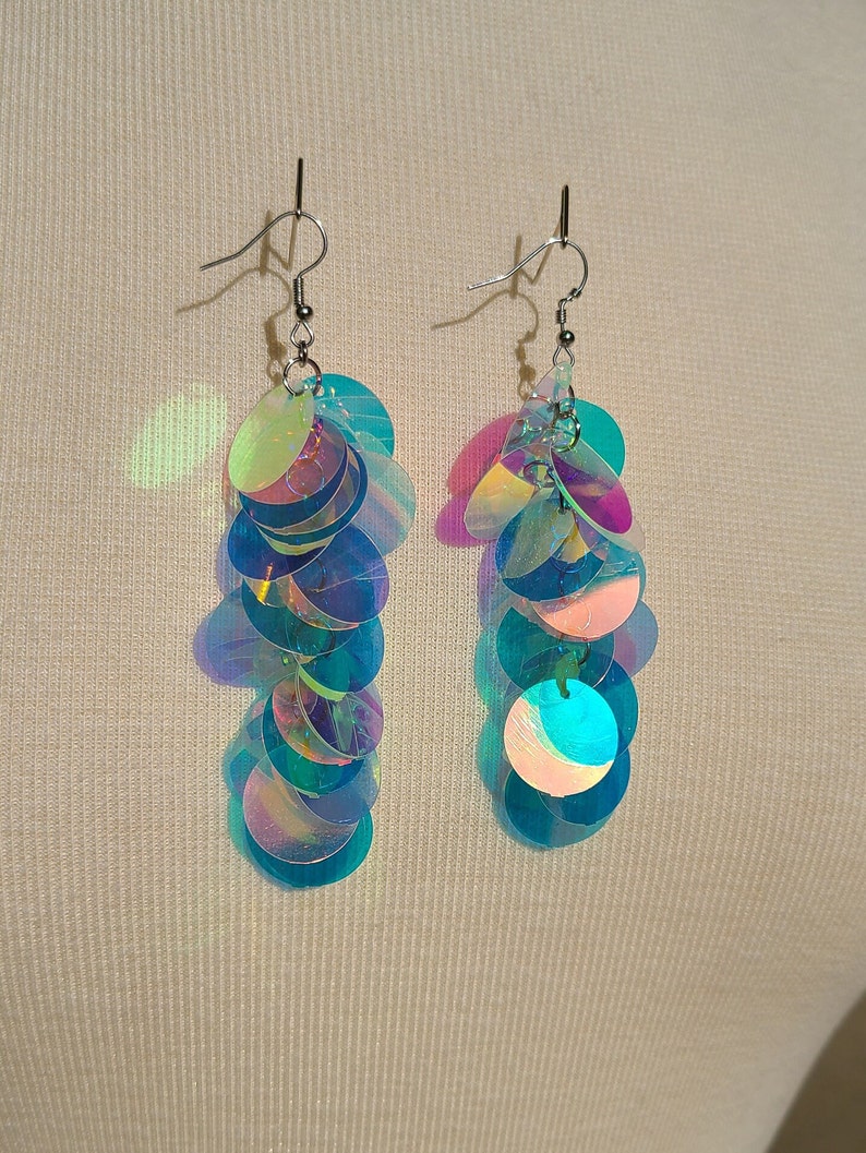 Iridescent Sequin Earrings Iridescent Paillette large Sequins Purple Blue Pink Silver or Rose Gold image 8
